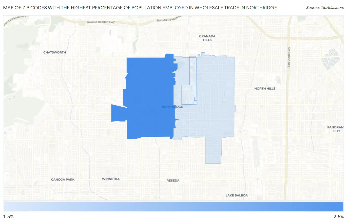 Zip Codes with the Highest Percentage of Population Employed in Wholesale Trade in Northridge Map