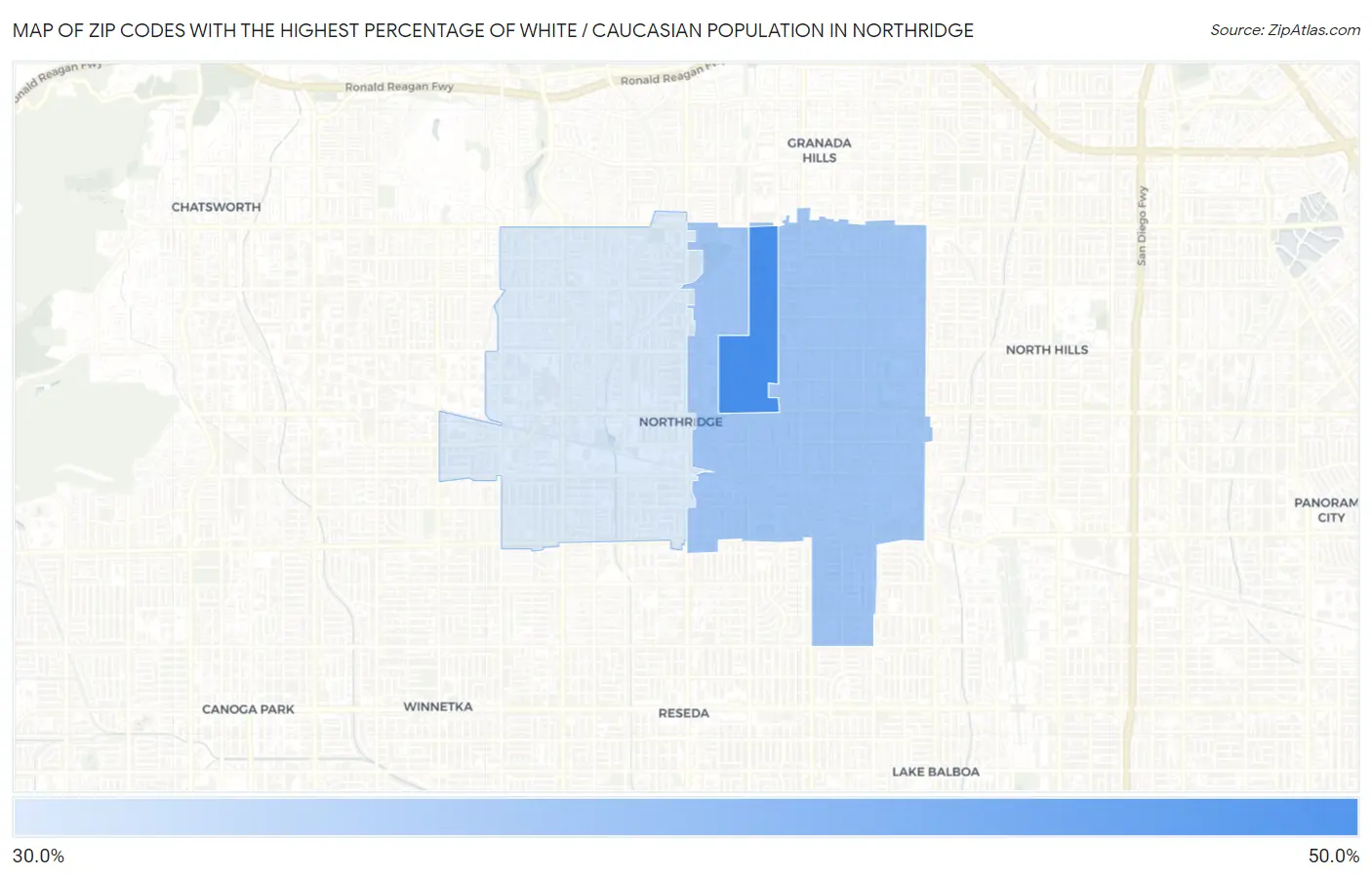 Zip Codes with the Highest Percentage of White / Caucasian Population in Northridge Map