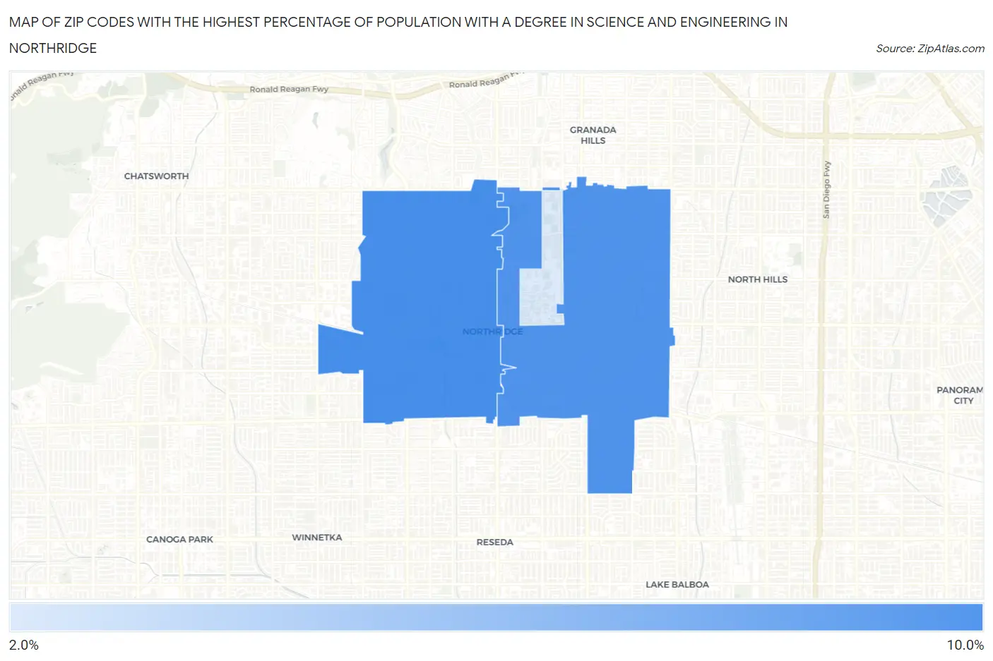 Zip Codes with the Highest Percentage of Population with a Degree in Science and Engineering in Northridge Map