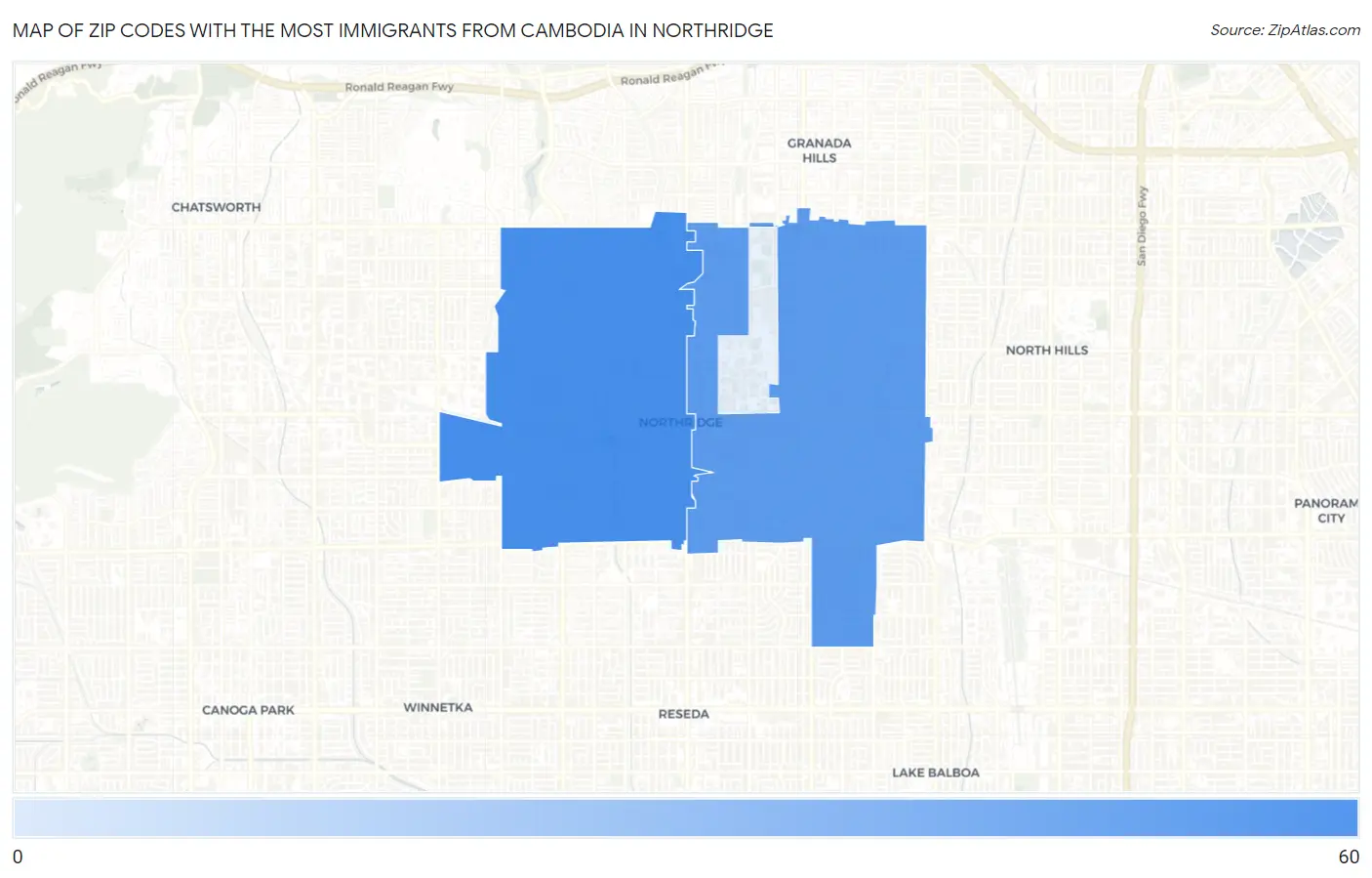 Zip Codes with the Most Immigrants from Cambodia in Northridge Map