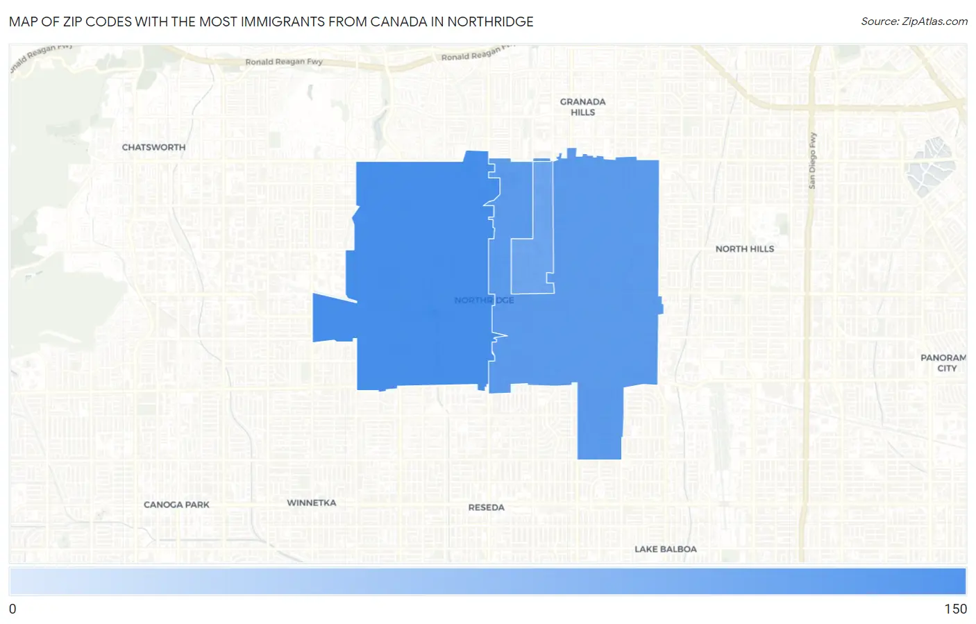 Zip Codes with the Most Immigrants from Canada in Northridge Map