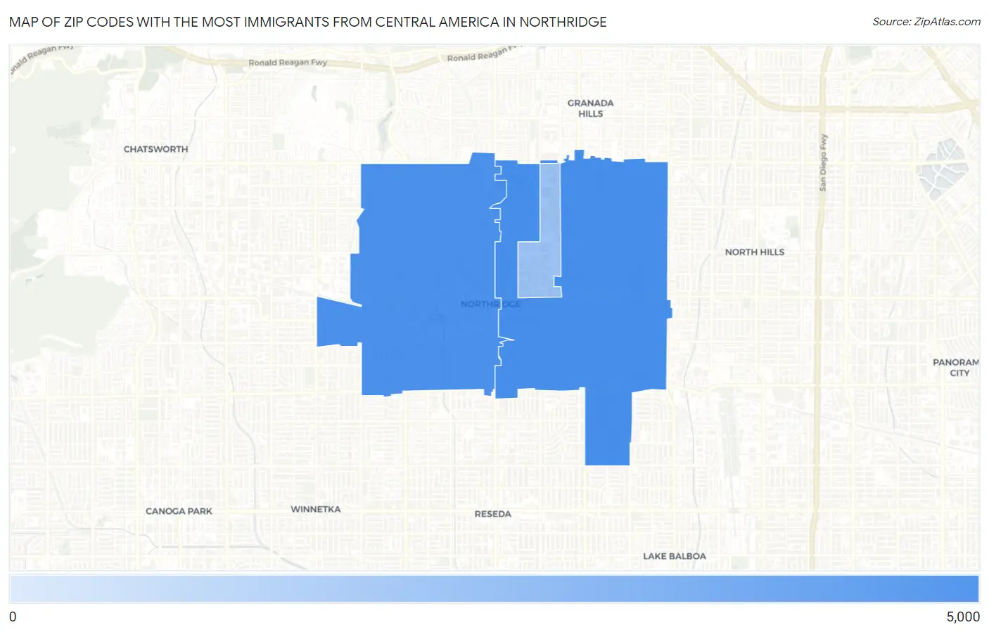 Zip Codes with the Most Immigrants from Central America in Northridge Map
