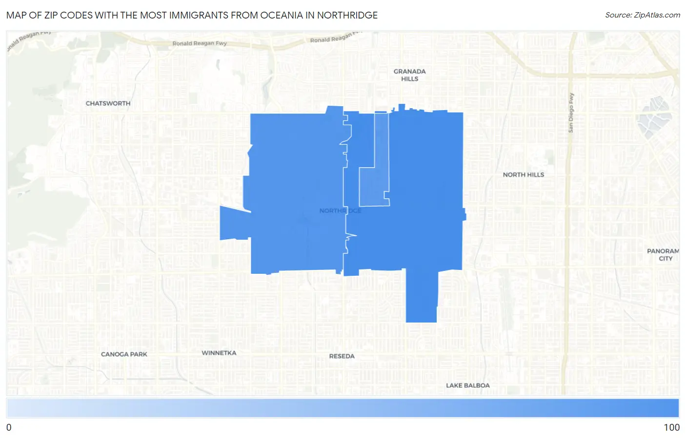 Zip Codes with the Most Immigrants from Oceania in Northridge Map