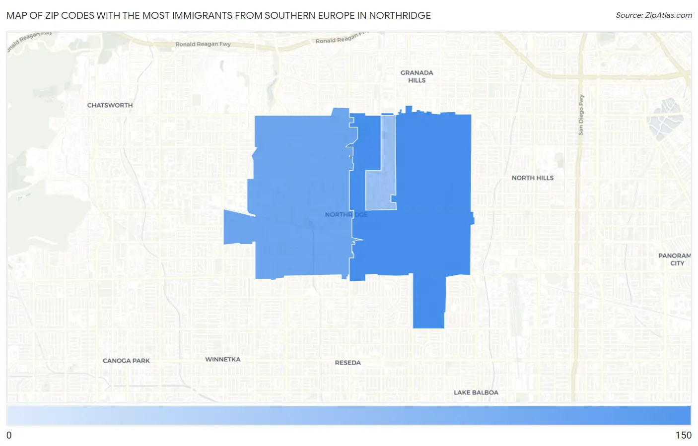 Zip Codes with the Most Immigrants from Southern Europe in Northridge Map