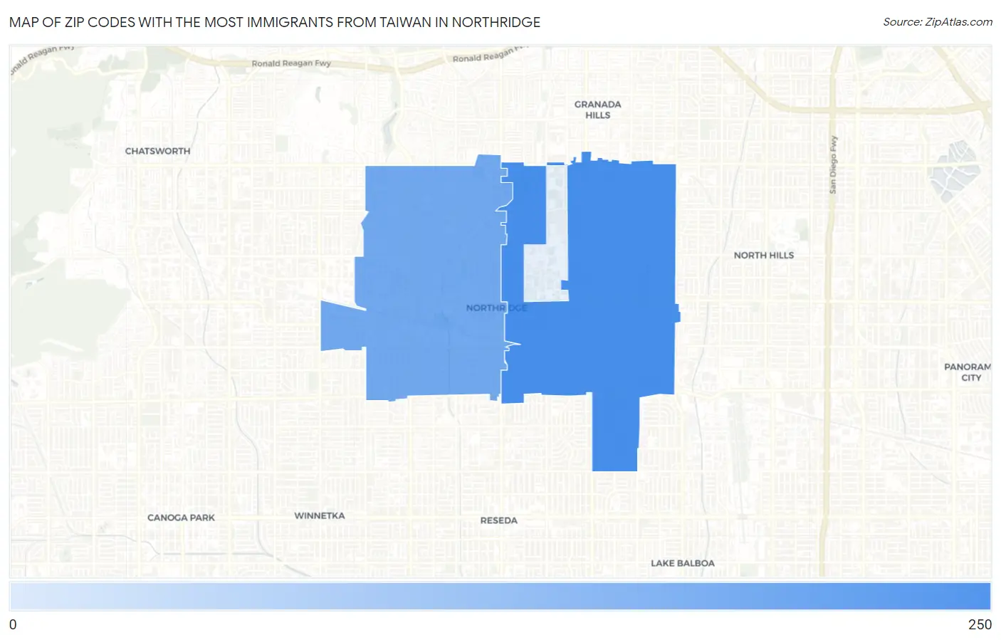 Zip Codes with the Most Immigrants from Taiwan in Northridge Map