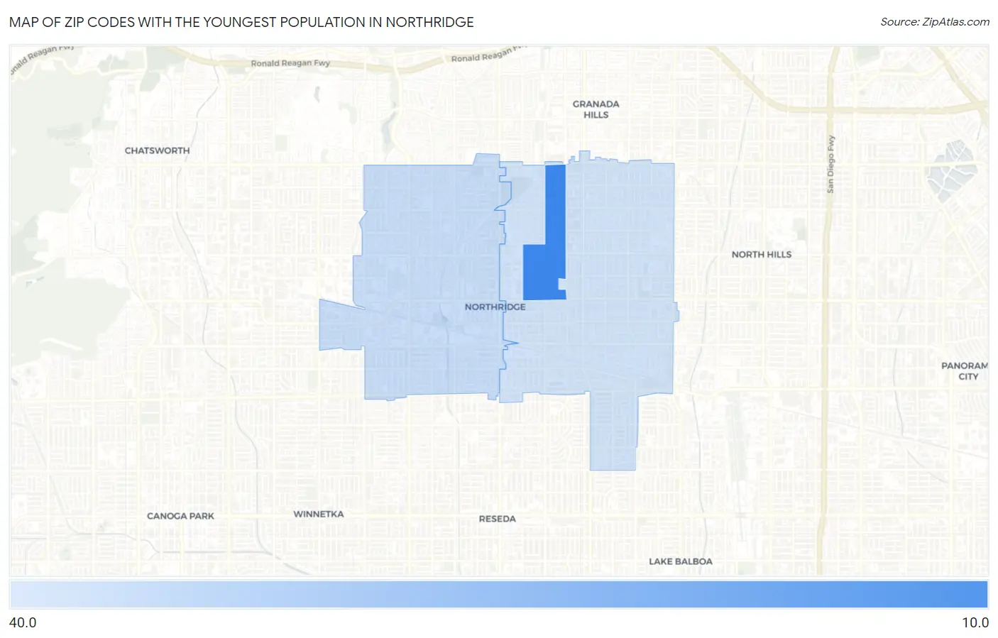Zip Codes with the Youngest Population in Northridge Map