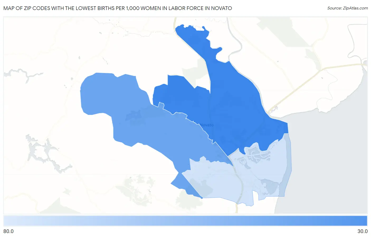 Zip Codes with the Lowest Births per 1,000 Women in Labor Force in Novato Map