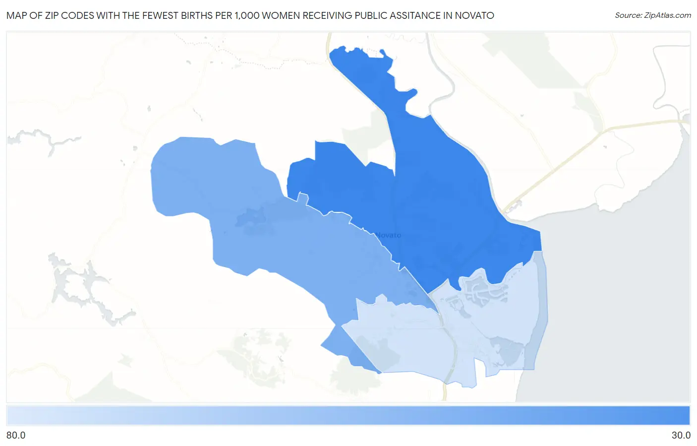 Zip Codes with the Fewest Births per 1,000 Women Receiving Public Assitance in Novato Map