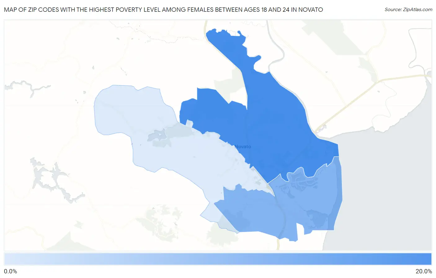 Zip Codes with the Highest Poverty Level Among Females Between Ages 18 and 24 in Novato Map