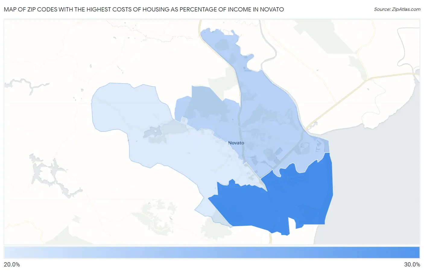Zip Codes with the Highest Costs of Housing as Percentage of Income in Novato Map