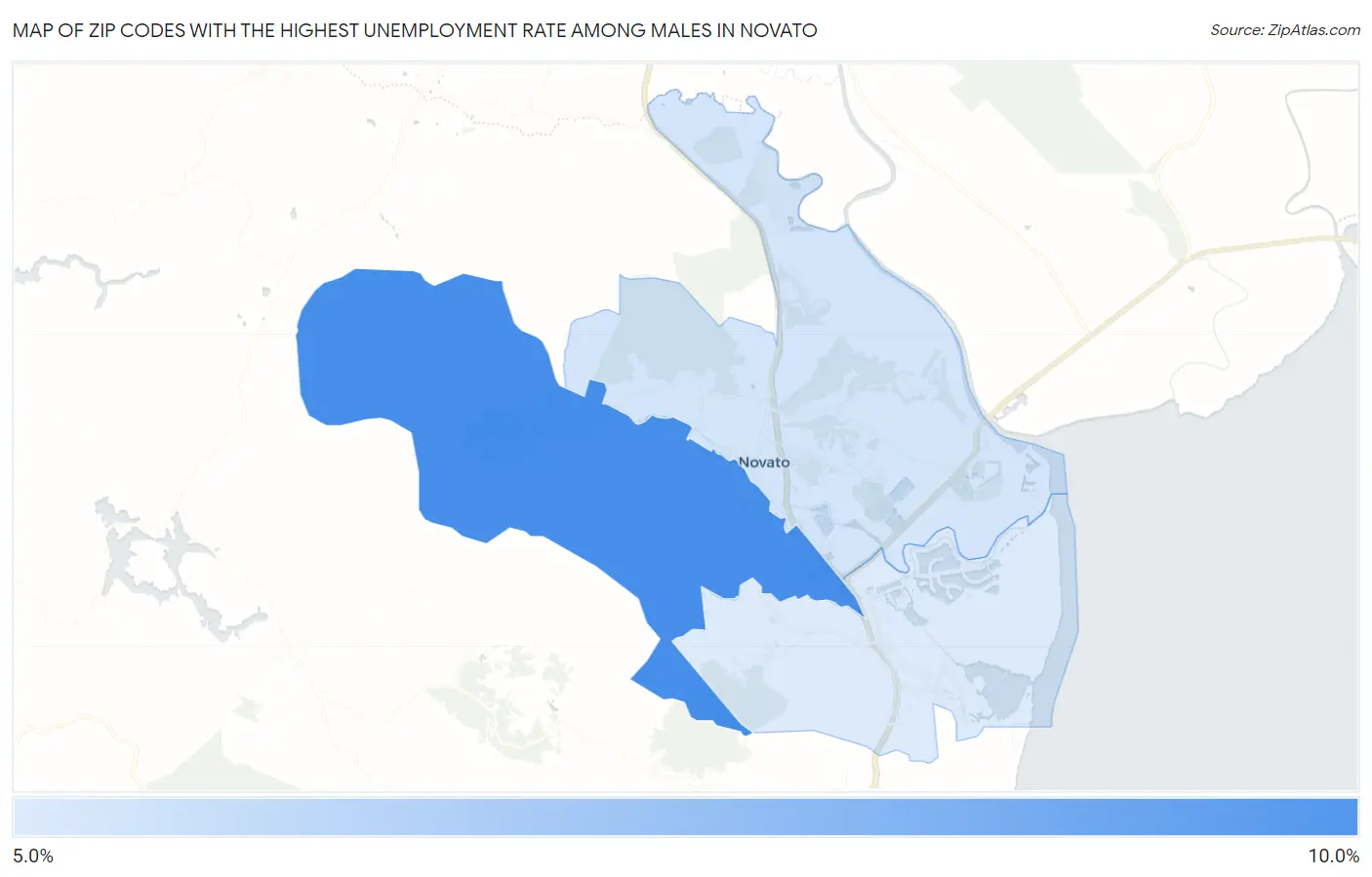 Zip Codes with the Highest Unemployment Rate Among Males in Novato Map