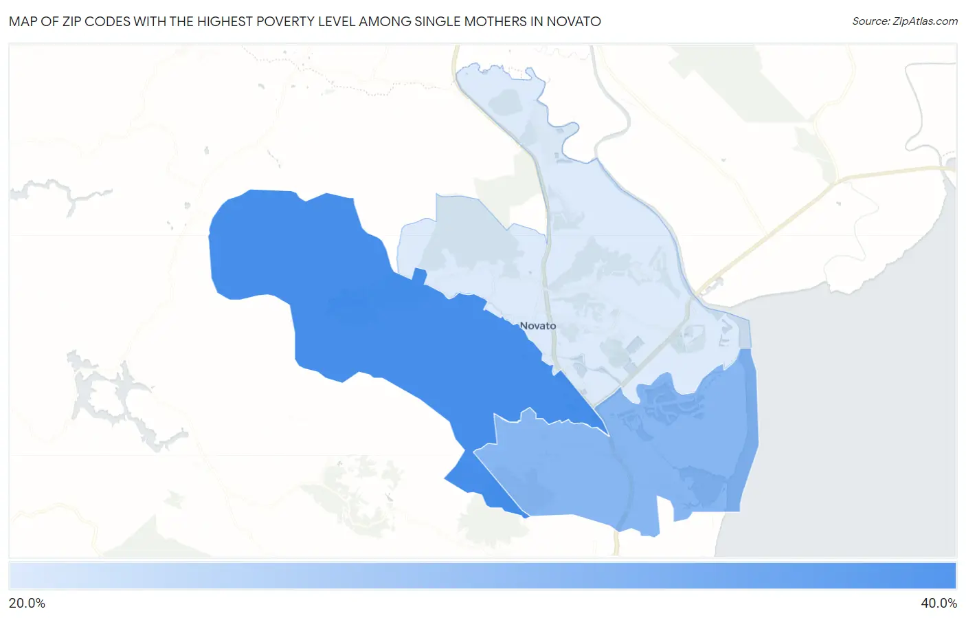 Zip Codes with the Highest Poverty Level Among Single Mothers in Novato Map