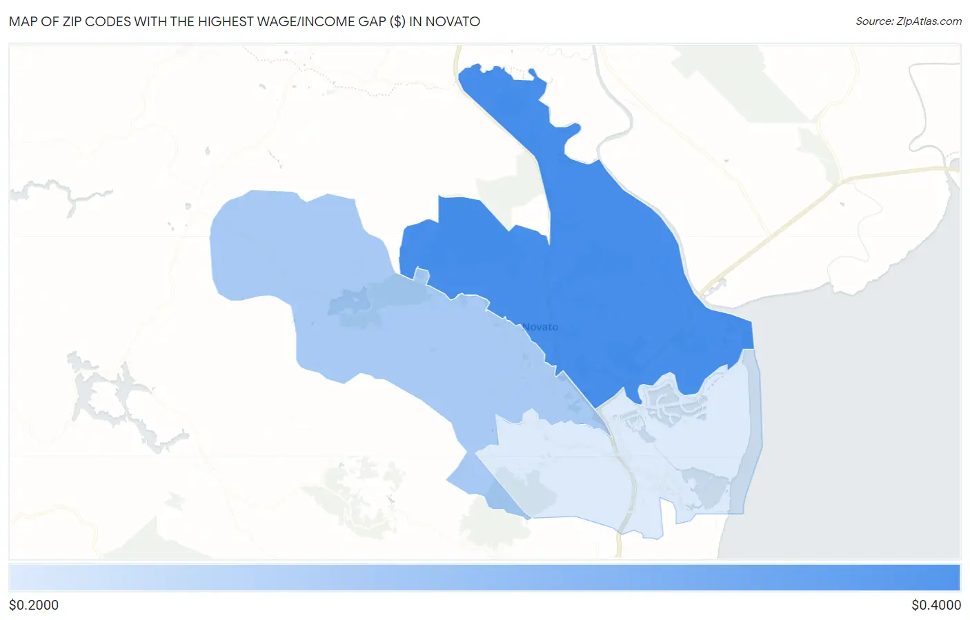 Zip Codes with the Highest Wage/Income Gap ($) in Novato Map