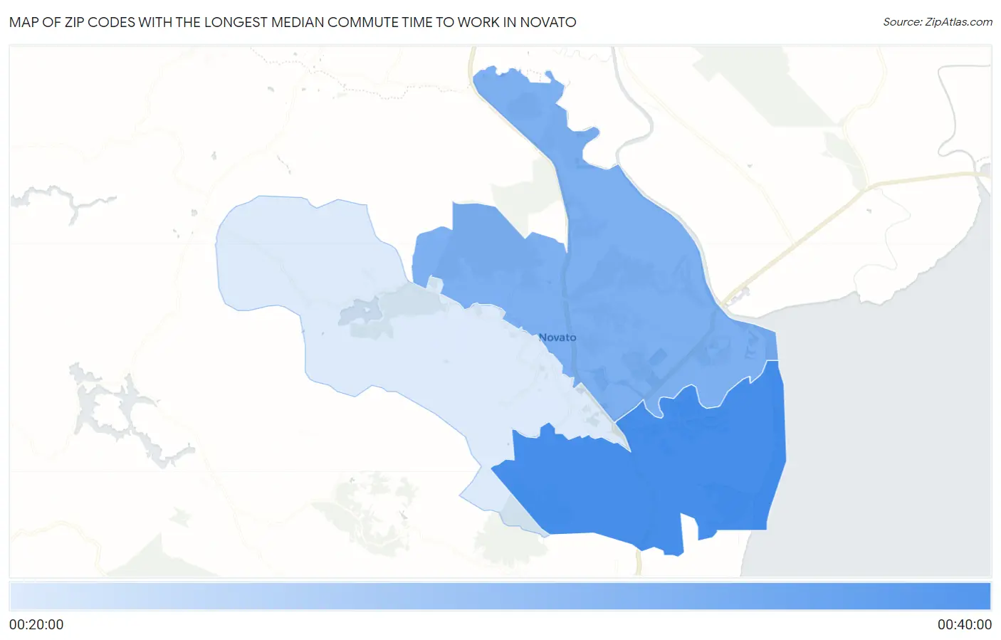 Zip Codes with the Longest Median Commute Time to Work in Novato Map
