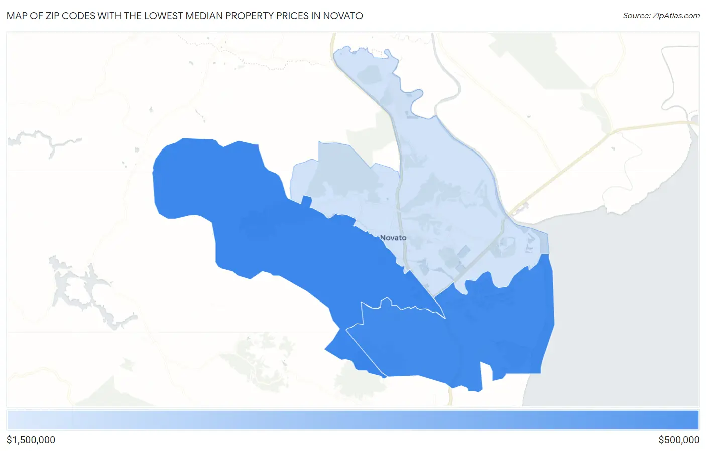 Zip Codes with the Lowest Median Property Prices in Novato Map