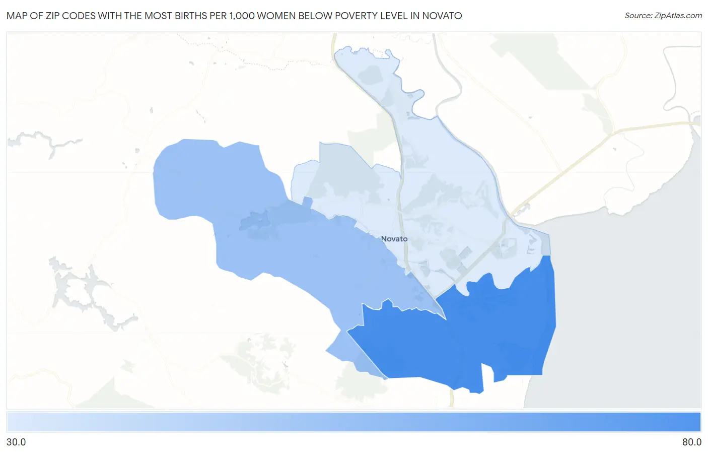 Zip Codes with the Most Births per 1,000 Women Below Poverty Level in Novato Map