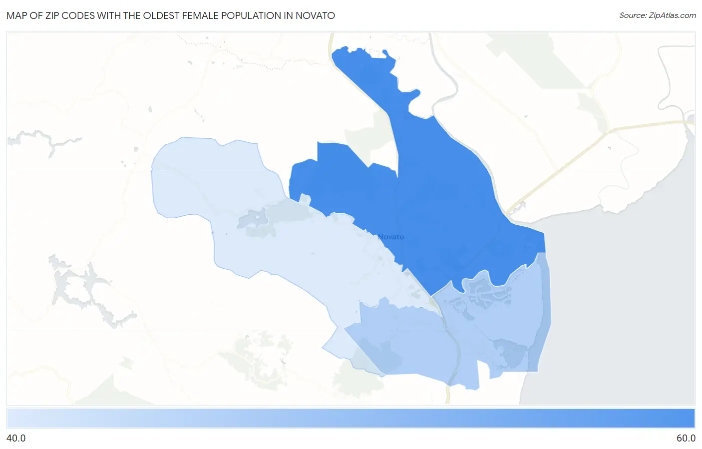 Zip Codes with the Oldest Female Population in Novato Map