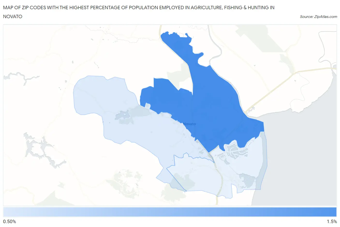 Zip Codes with the Highest Percentage of Population Employed in Agriculture, Fishing & Hunting in Novato Map