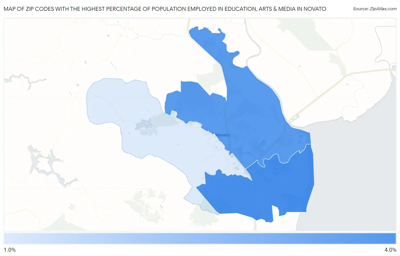 Zip Codes with the Highest Percentage of Population Employed in Education, Arts & Media in Novato Map