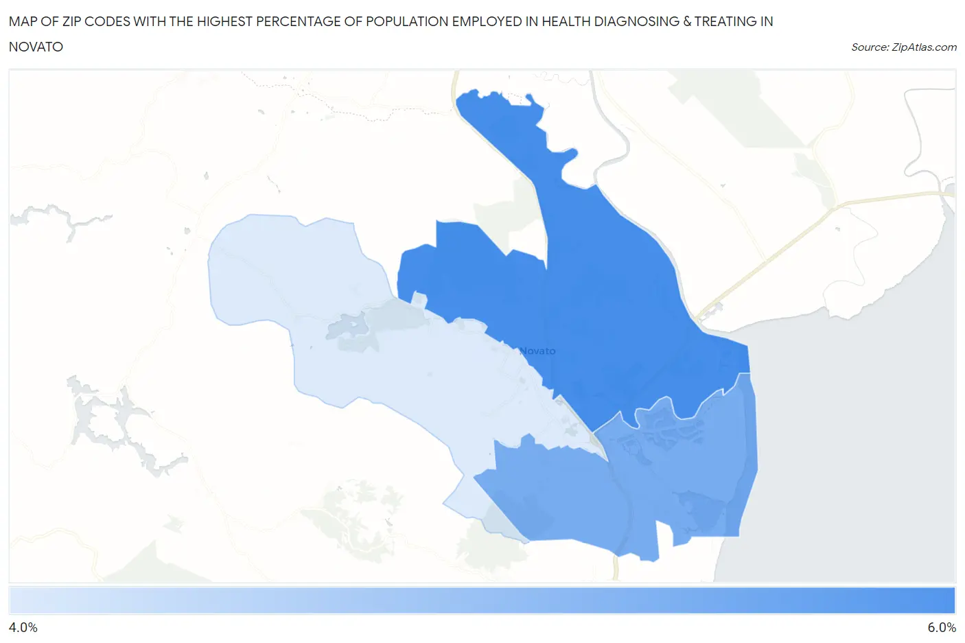 Zip Codes with the Highest Percentage of Population Employed in Health Diagnosing & Treating in Novato Map