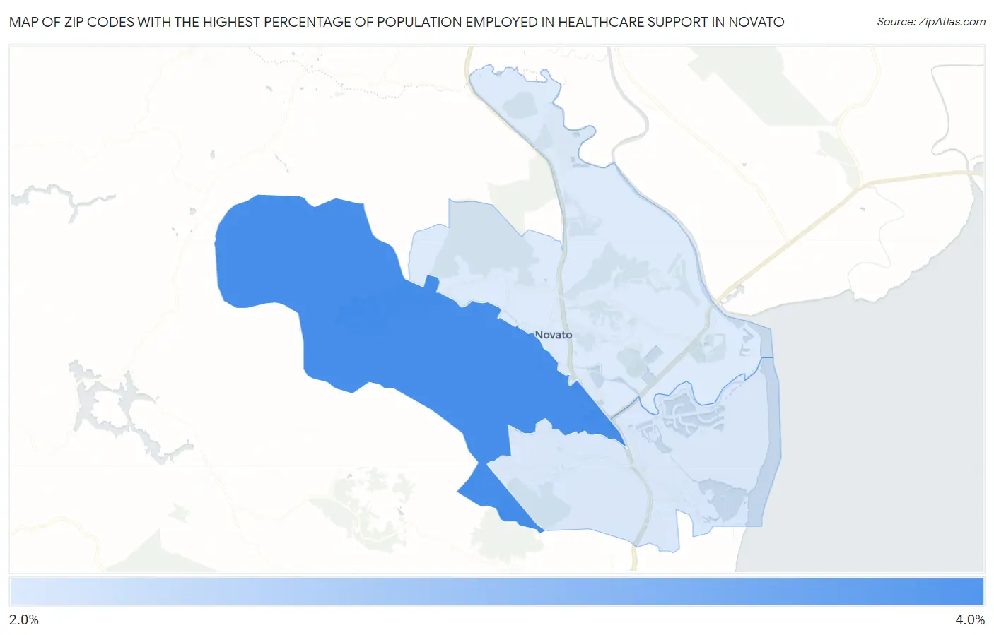Zip Codes with the Highest Percentage of Population Employed in Healthcare Support in Novato Map