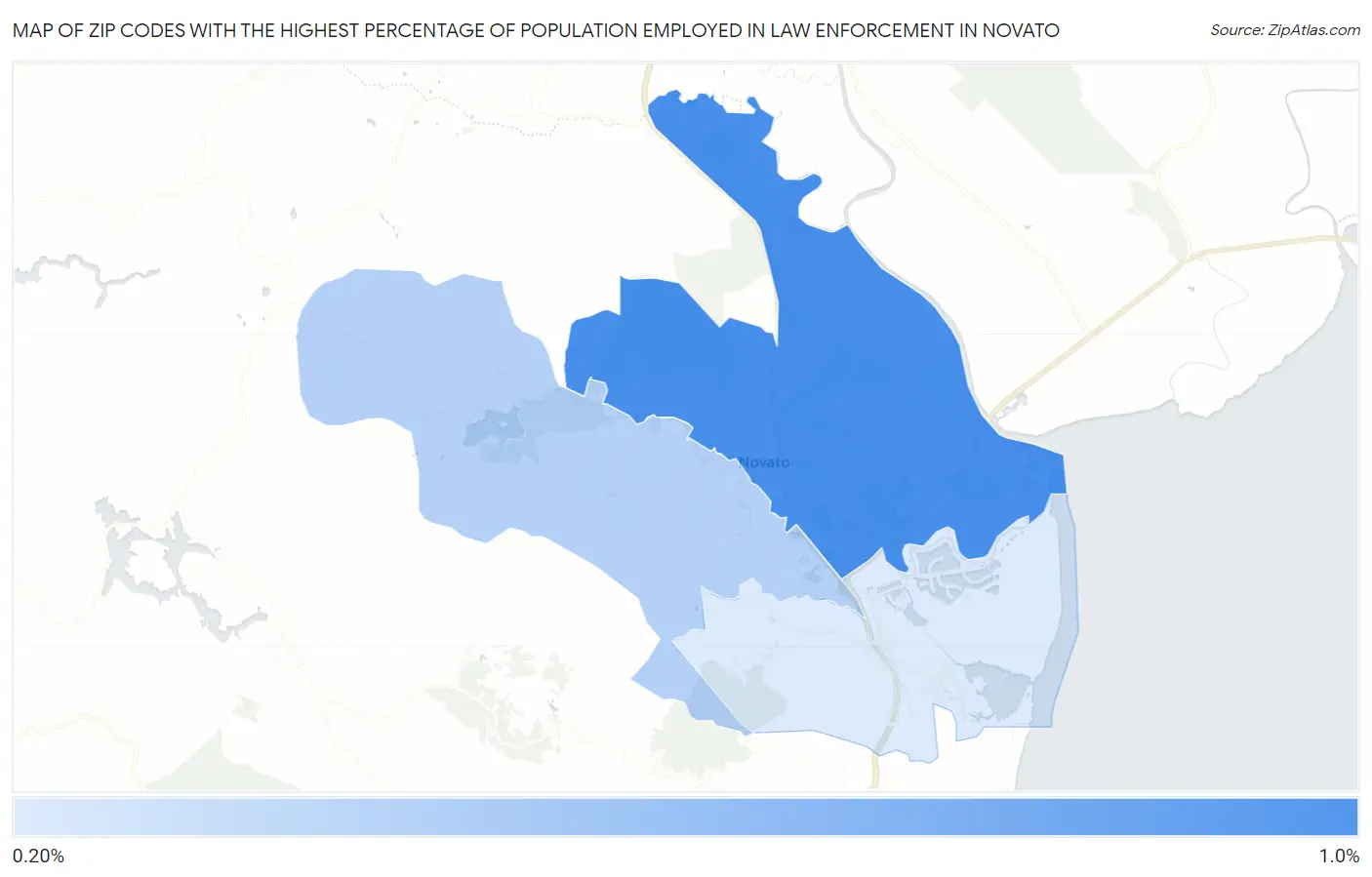Zip Codes with the Highest Percentage of Population Employed in Law Enforcement in Novato Map