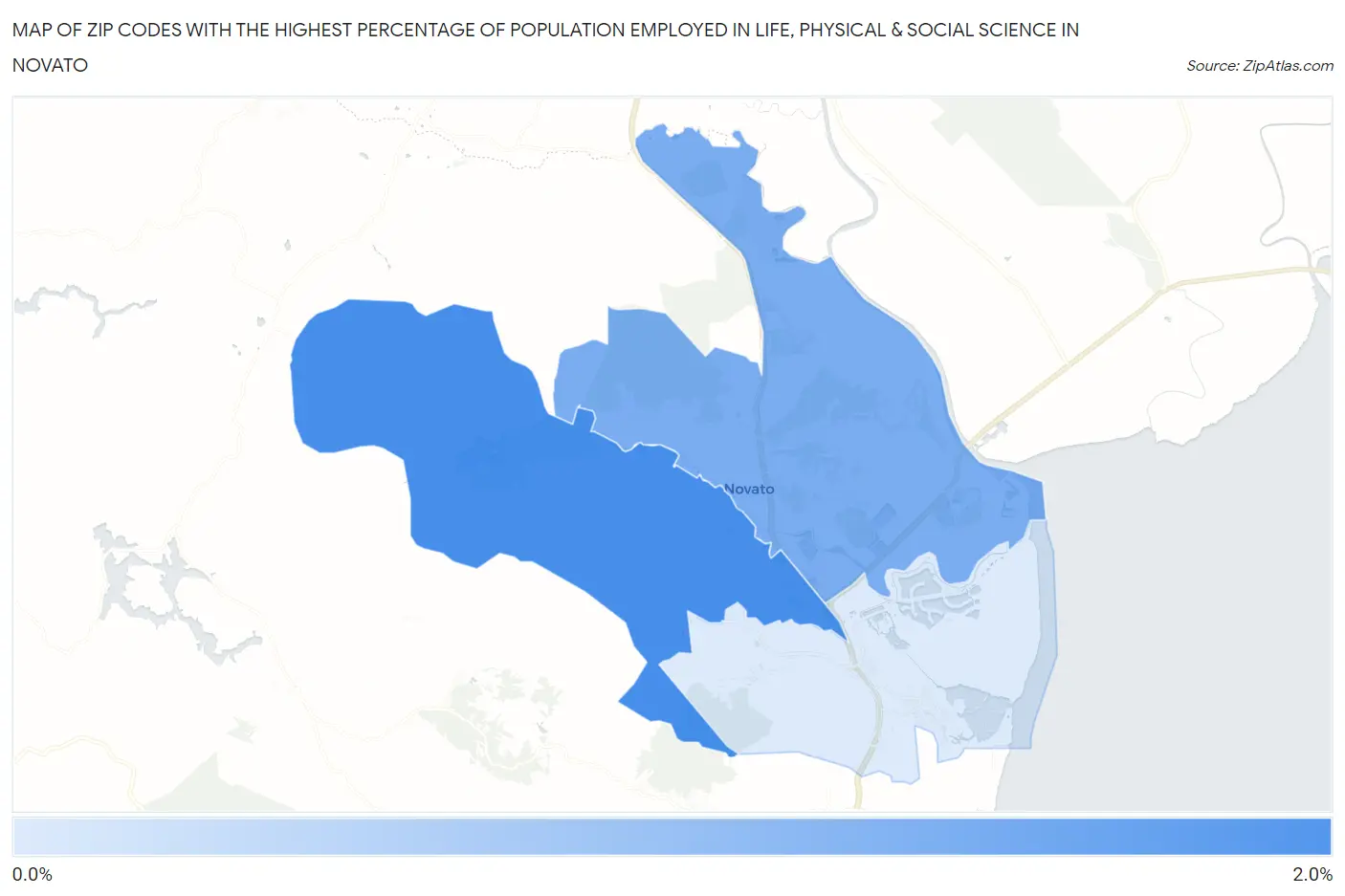Zip Codes with the Highest Percentage of Population Employed in Life, Physical & Social Science in Novato Map