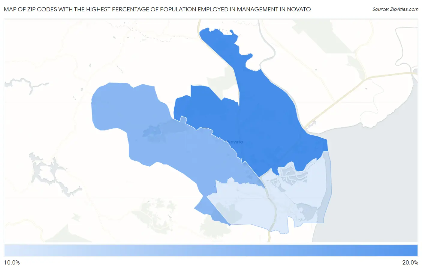 Zip Codes with the Highest Percentage of Population Employed in Management in Novato Map