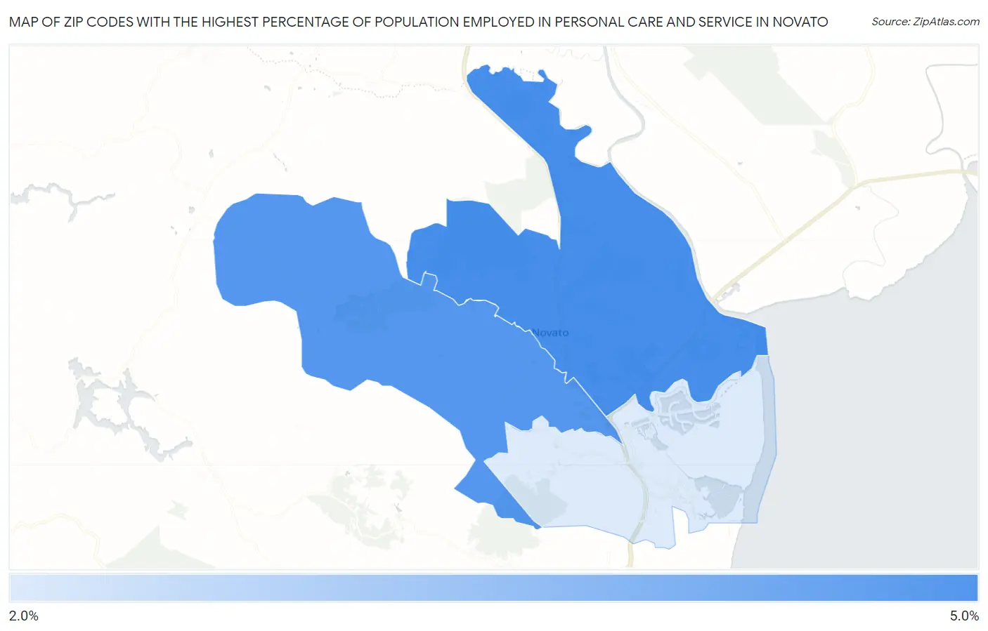 Zip Codes with the Highest Percentage of Population Employed in Personal Care and Service in Novato Map