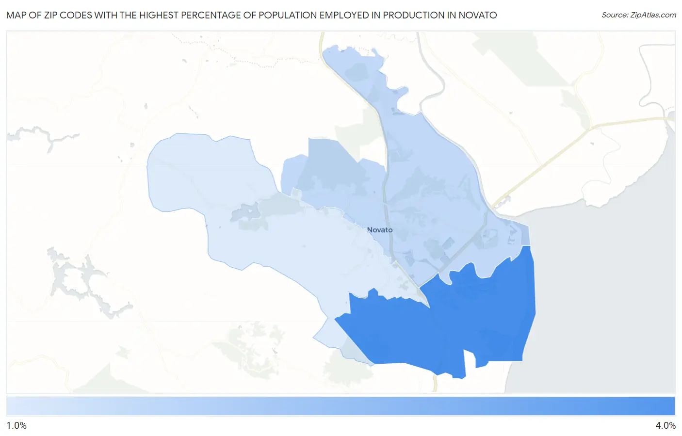 Zip Codes with the Highest Percentage of Population Employed in Production in Novato Map