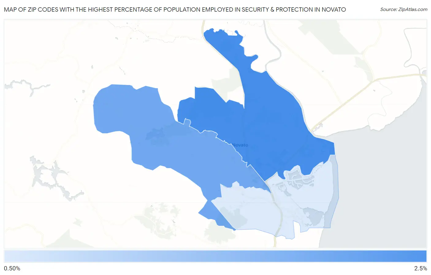 Zip Codes with the Highest Percentage of Population Employed in Security & Protection in Novato Map