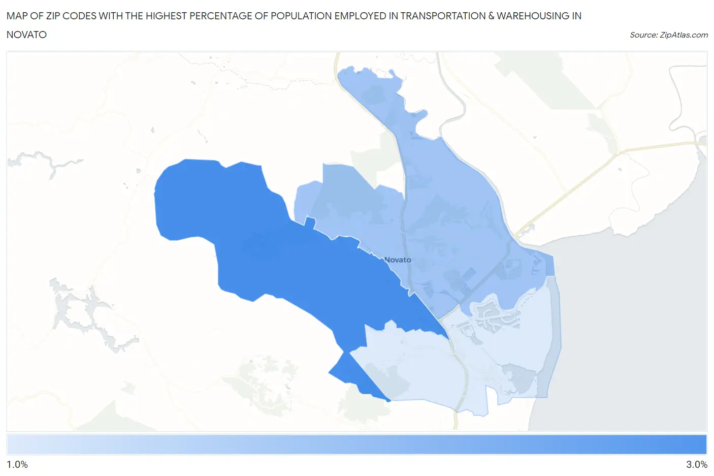 Zip Codes with the Highest Percentage of Population Employed in Transportation & Warehousing in Novato Map