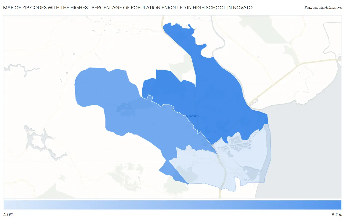 Zip Codes with the Highest Percentage of Population Enrolled in High School in Novato Map