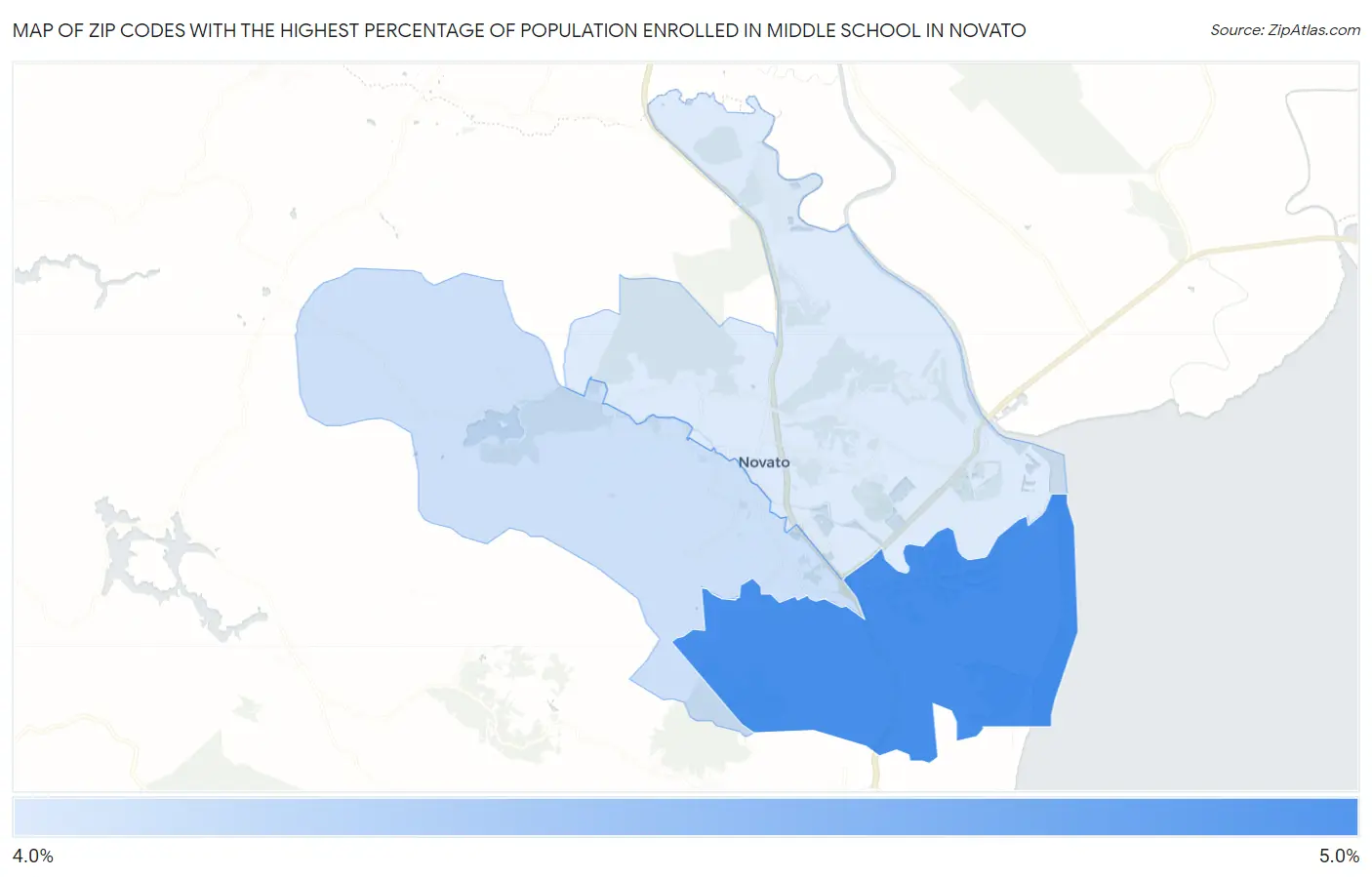 Zip Codes with the Highest Percentage of Population Enrolled in Middle School in Novato Map
