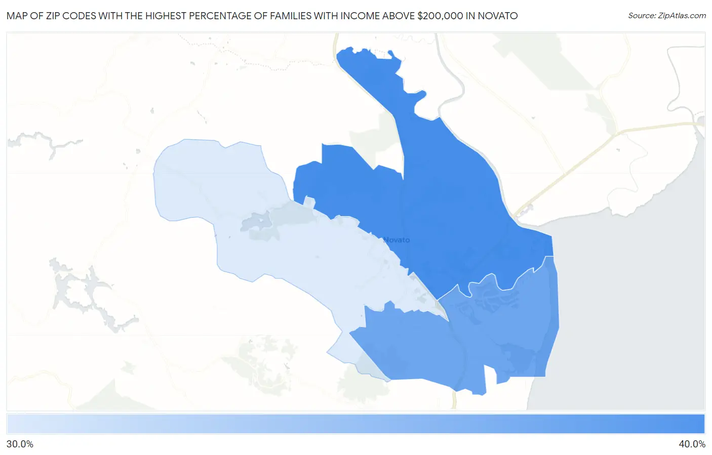 Zip Codes with the Highest Percentage of Families with Income Above $200,000 in Novato Map