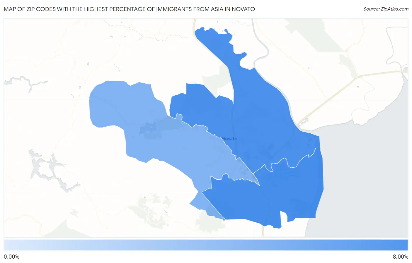 Zip Codes with the Highest Percentage of Immigrants from Asia in Novato Map