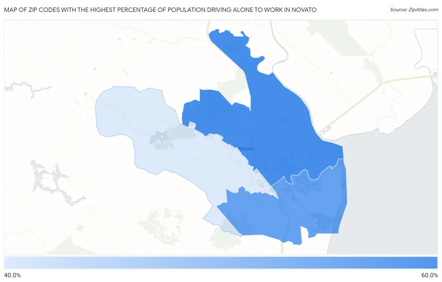 Zip Codes with the Highest Percentage of Population Driving Alone to Work in Novato Map