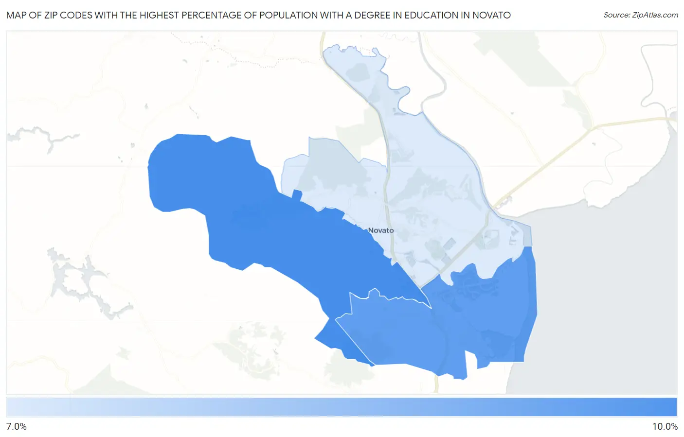 Zip Codes with the Highest Percentage of Population with a Degree in Education in Novato Map