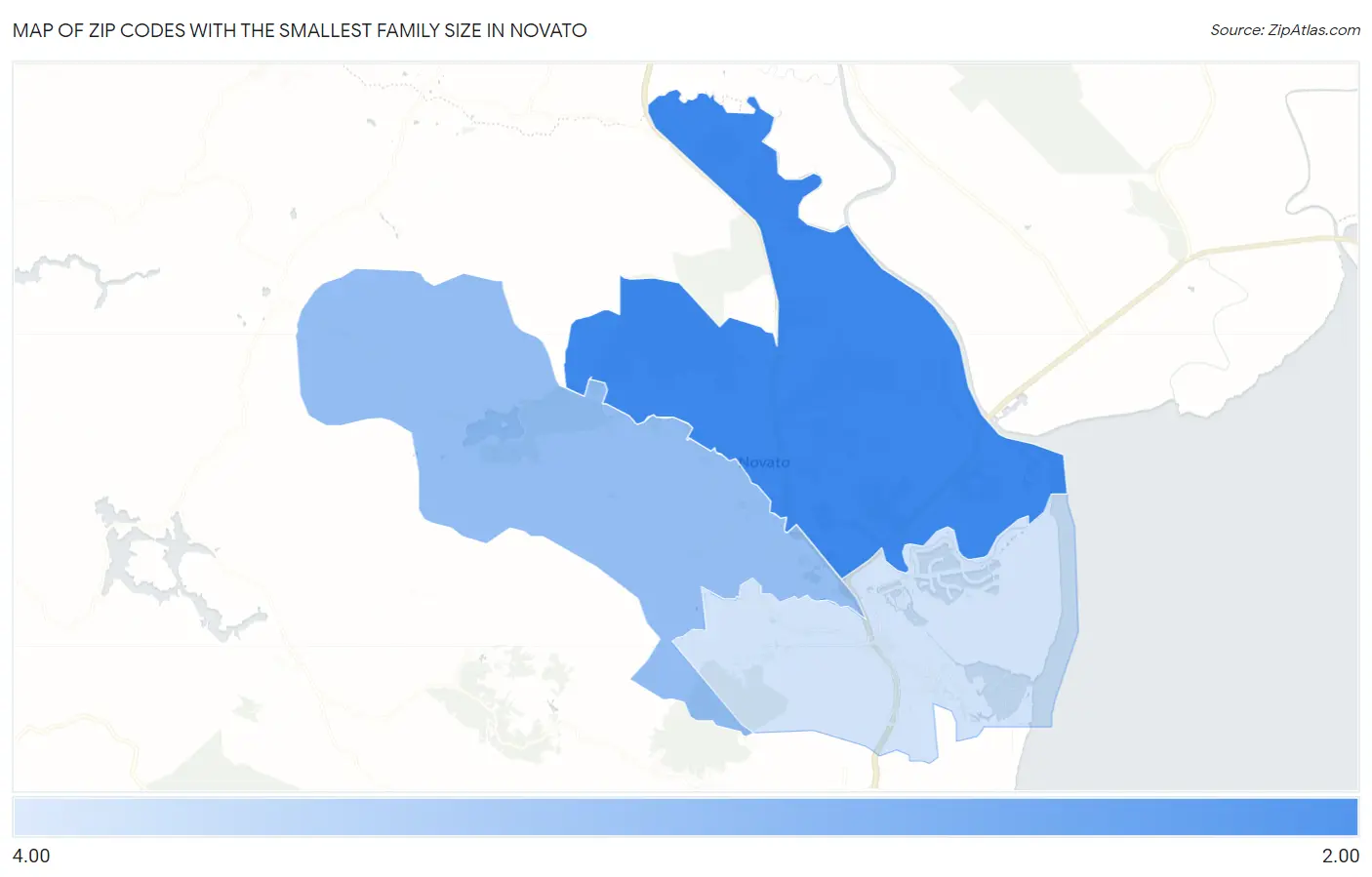 Zip Codes with the Smallest Family Size in Novato Map