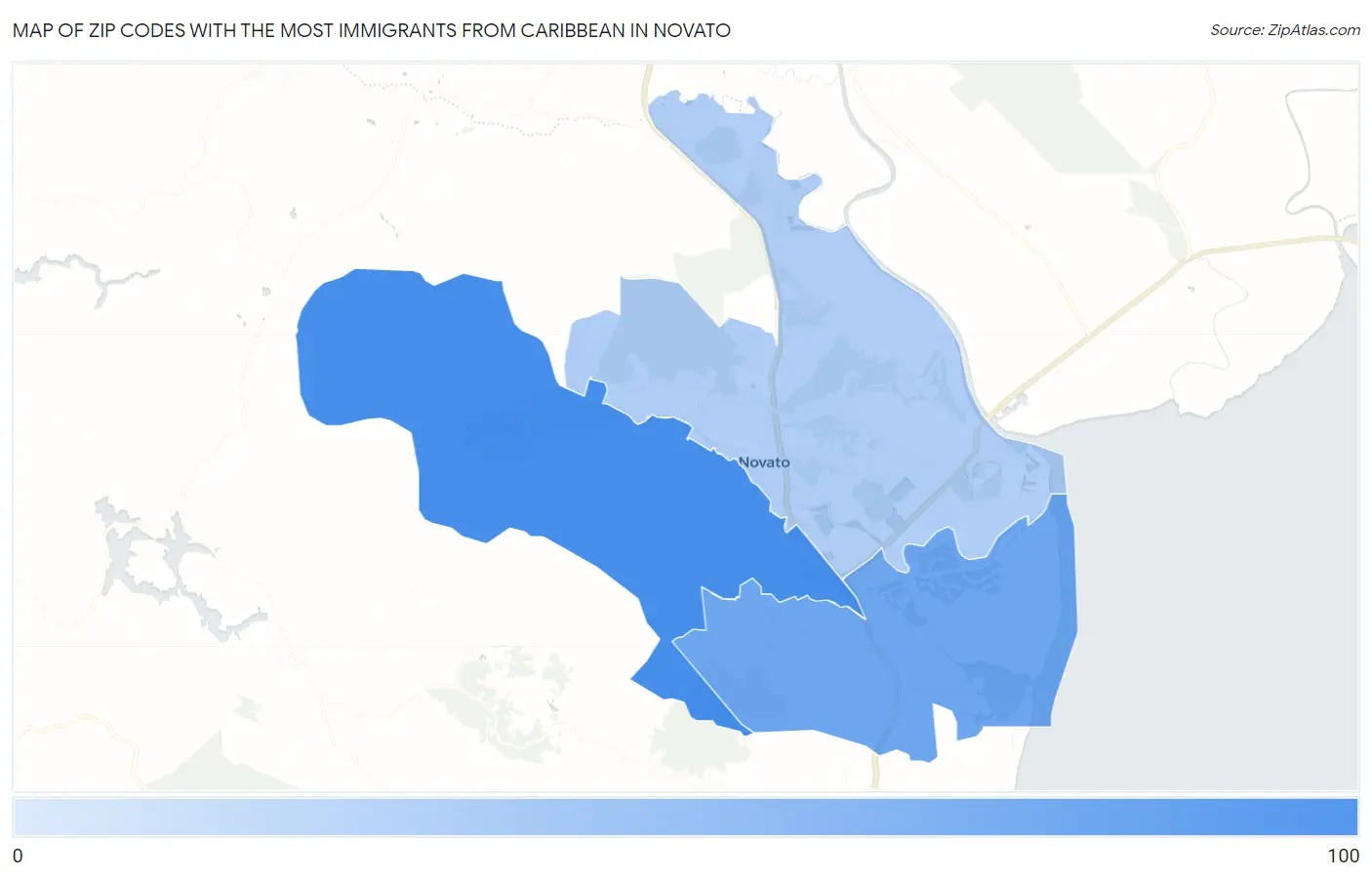 Zip Codes with the Most Immigrants from Caribbean in Novato Map