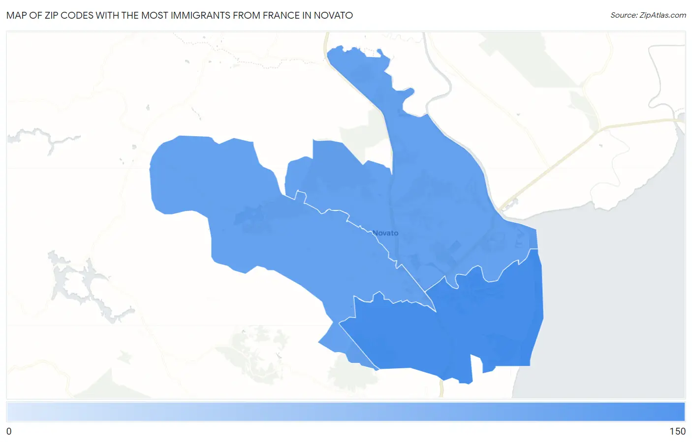 Zip Codes with the Most Immigrants from France in Novato Map