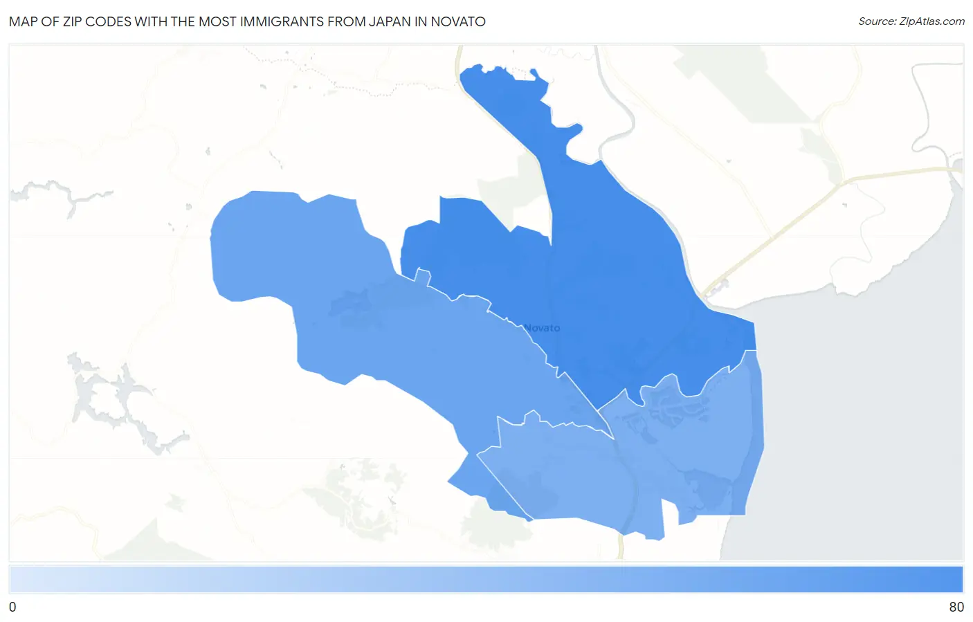 Zip Codes with the Most Immigrants from Japan in Novato Map