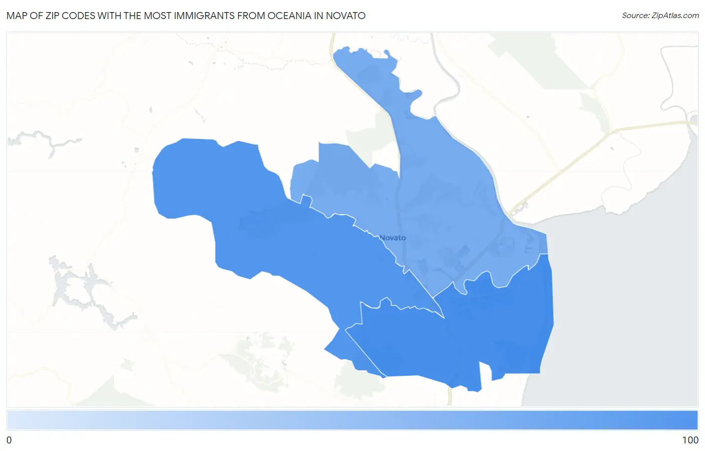 Zip Codes with the Most Immigrants from Oceania in Novato Map