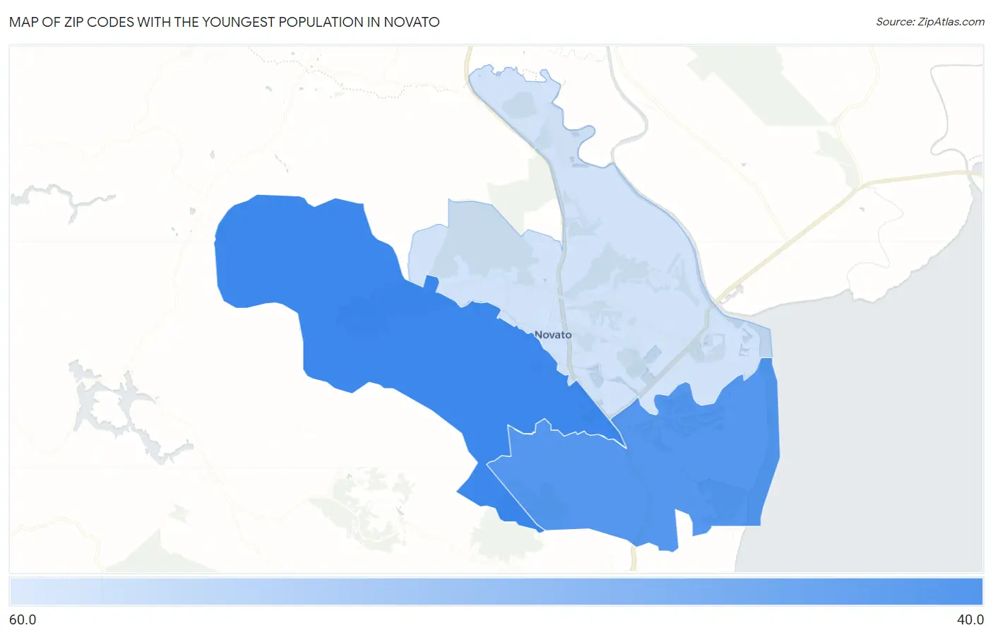 Zip Codes with the Youngest Population in Novato Map
