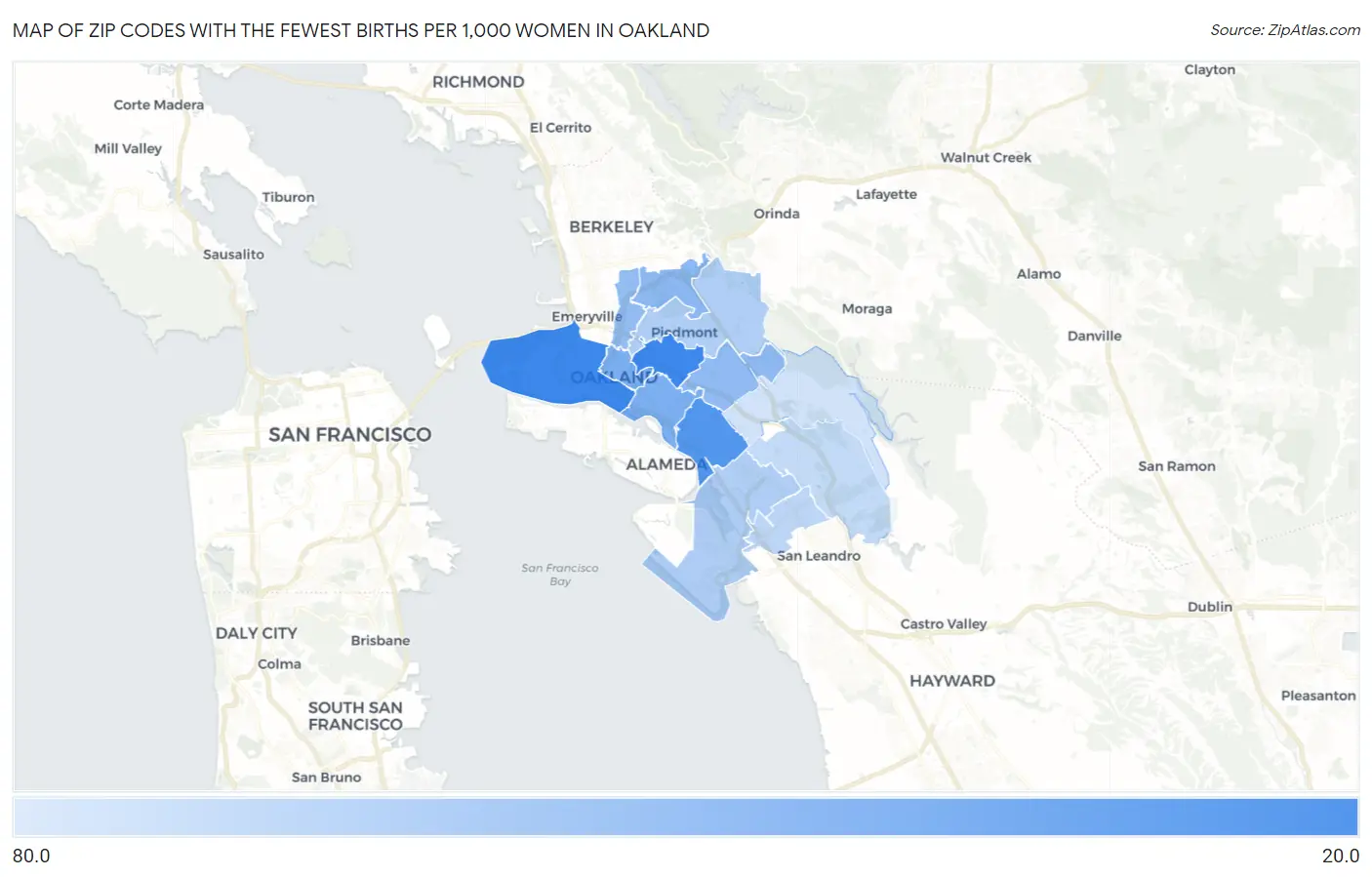 Zip Codes with the Fewest Births per 1,000 Women in Oakland Map