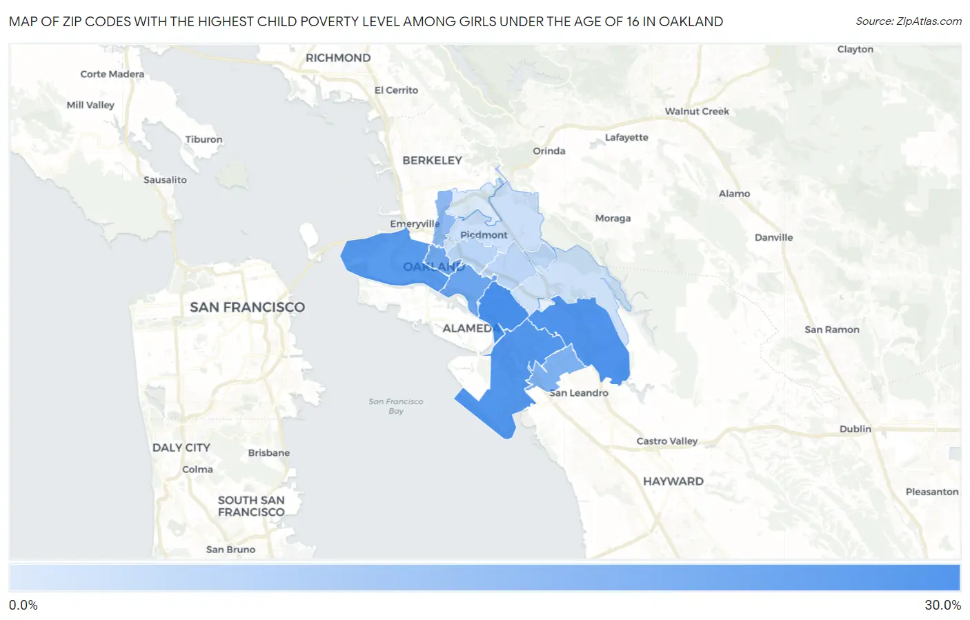 Zip Codes with the Highest Child Poverty Level Among Girls Under the Age of 16 in Oakland Map