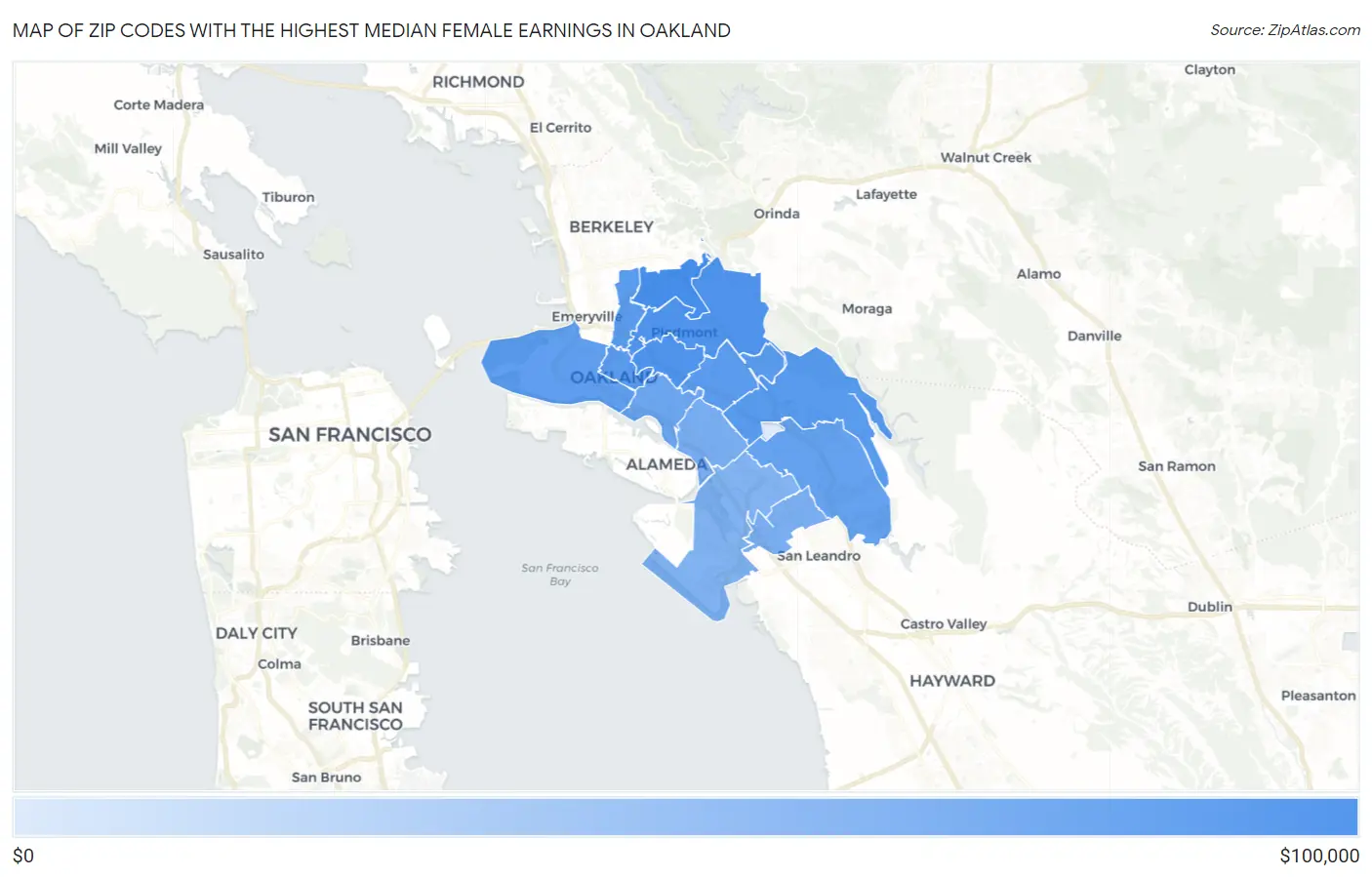 Zip Codes with the Highest Median Female Earnings in Oakland Map
