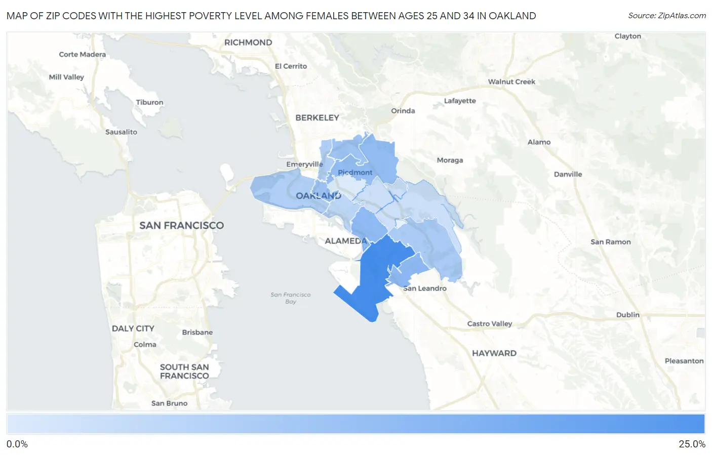 Zip Codes with the Highest Poverty Level Among Females Between Ages 25 and 34 in Oakland Map