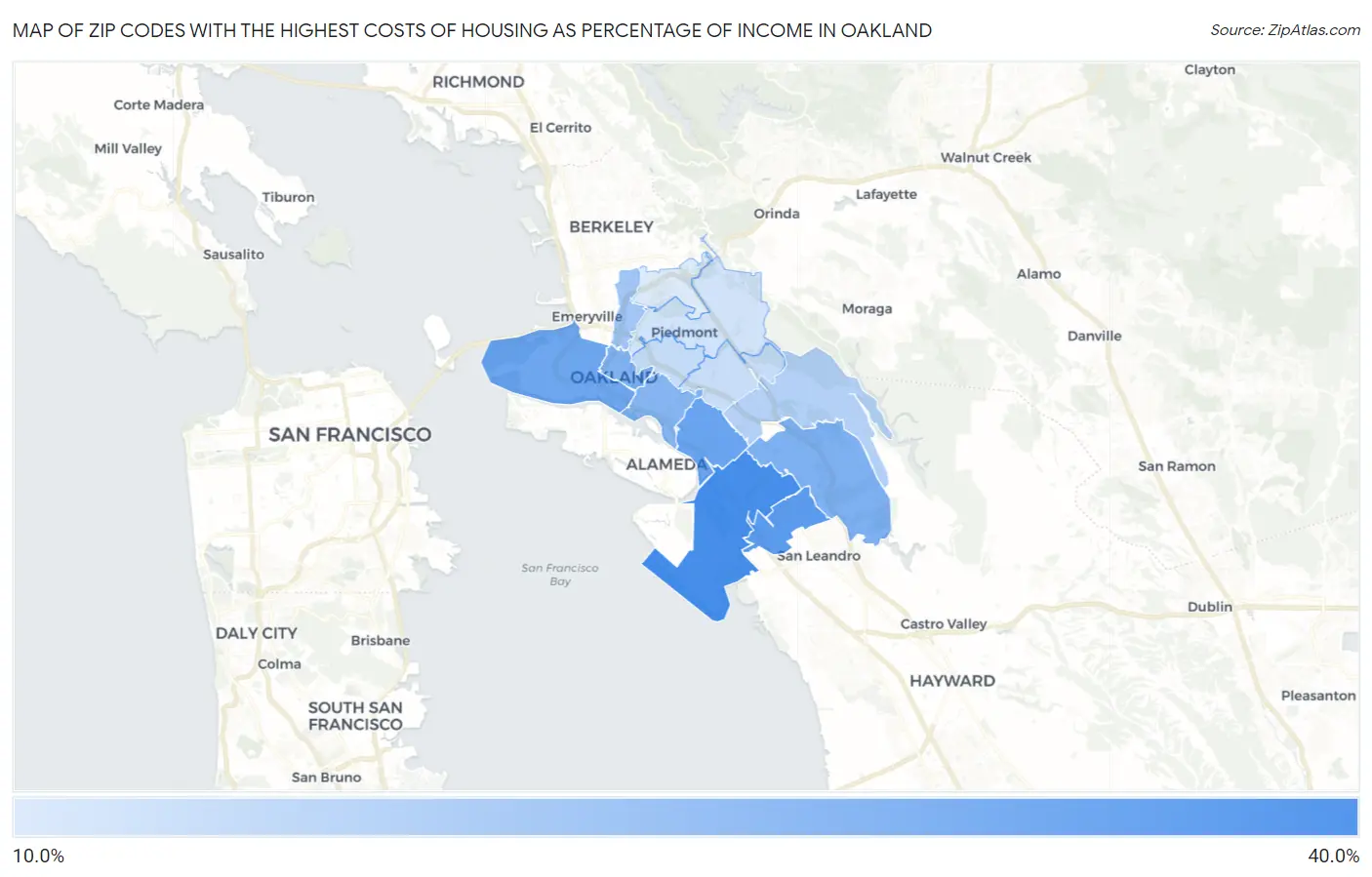 Zip Codes with the Highest Costs of Housing as Percentage of Income in Oakland Map