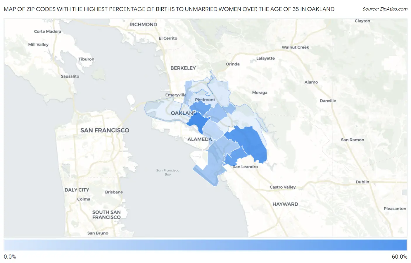 Zip Codes with the Highest Percentage of Births to Unmarried Women over the Age of 35 in Oakland Map